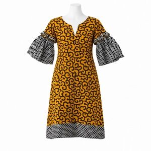 Size L Handmade Women’s Yellow African Print Puff Sleeve V Neck Dress